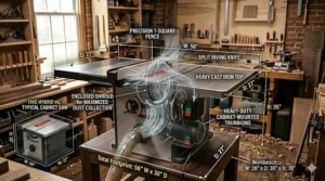 Diagram of an enclosed cabinet hybrid table saw showing internal dust collection ports for cleaner small shop environments.