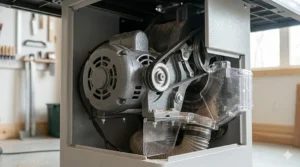 Interior view of a powerful 1.75 HP enclosed motor typical of hybrid table saws under 1500.