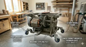 A 2 HP hybrid table saw equipped with a built-in mobile base for workshop portability.