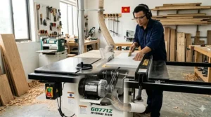 Internal view of a 1.75 HP hybrid table saw motor and serpentine belt drive system.