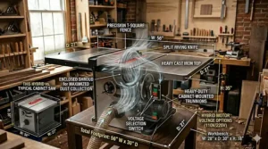 Infographic comparing 110V and 220V power options for hybrid table saw motors in residential workshops.