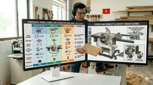 Close-up of riving knife, anti-kickback pawls, and modular blade guard on a hybrid table saw.