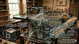 Illustration of the riving knife and anti-kickback pawls on a modern hybrid table saw for user safety.