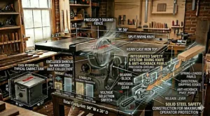 Comparison chart showing the weight and vibration dampening benefits of a hybrid table saw versus a portable contractor saw.