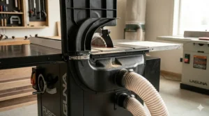 Integrated dust collection shroud and port design on the Laguna Fusion hybrid woodworking saw.