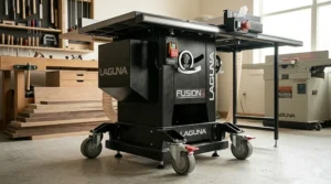 The integrated wheel system and leveling feet of the Laguna Fusion hybrid saw for shop mobility.
