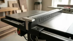 High-precision T-square style rip fence locked onto a Laguna Fusion hybrid saw rail.