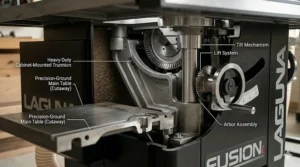 Internal view of the heavy-duty cabinet-mounted trunnions on the Laguna Fusion hybrid model.