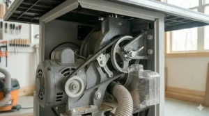 An integrated mobile base with wheels attached to a hybrid table saw for easy shop movement.