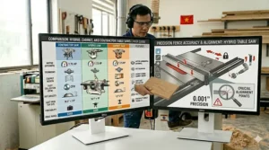 Close-up view of a precision T-square style fence system for accurate cuts on a hybrid table saw.