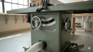 Chrome-plated handwheels on a Shop Fox hybrid saw used for precise blade height and bevel angle adjustments.