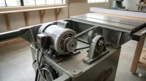 Detailed view of the 2-HP powerful motor and serpentine belt drive system of a Shop Fox hybrid table saw.