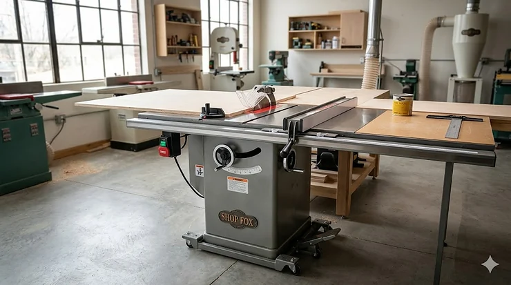A high-resolution Shop Fox hybrid table saw with an enclosed cabinet and heavy-duty cast iron trunnions in a woodworking shop.