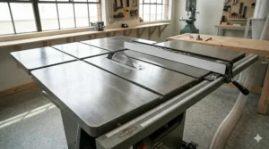 Close-up of the quick-release blade guard and riving knife assembly on a Shop Fox hybrid table saw for operator safety.