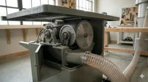 Polished cast iron table and extension wings of a Shop Fox hybrid saw providing a flat, stable work surface.