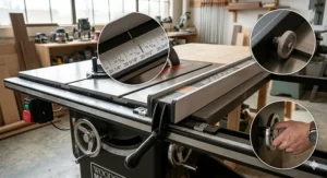 Close-up illustration of a T-square style rip fence system used for accurate repeatable cuts on a cabinet saw.