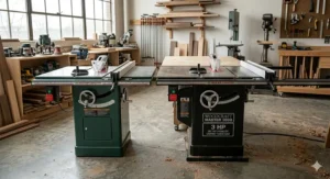 Comparison graphic showing the footprint difference between a 30-inch and 52-inch rip capacity cabinet saw.