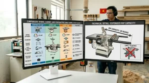 Graphic illustrating a hybrid table saw with a 30-inch rip capacity and steel extension wings.