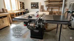 Illustration of a hybrid table saw rip fence showing 30-inch cutting capacity.