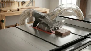 Diagram of a riving knife and transparent blade guard assembly on a high-end cabinet table saw.