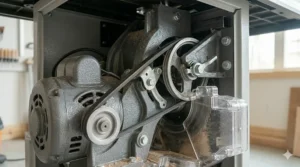 Safety features including a transparent blade guard and riving knife on a hybrid woodworking saw.