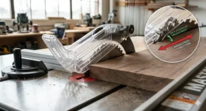 Detailed view of a quick-release riving knife and blade guard system on a professional cabinet saw.