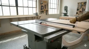 A woodworker performing a wide rip cut on a large plywood sheet using a Shop Fox hybrid table saw.