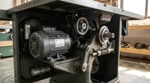 Close-up photorealistic illustration of a powerful 5 HP single-phase induction motor inside a cabinet table saw.