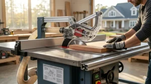 A woodworker using a specialized push block accessory to safely guide wood through a standard table saw without built-in brake technology.