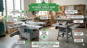 A checklist graphic showing the top features included in a sliding table saw under 5000 dollars.