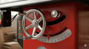 The chrome handwheel on a SawStop cabinet saw used for precise blade height and tilt adjustments.