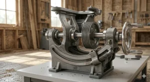 Internal shroud and 4-inch dust port design for a 5 HP cabinet table saw to maintain a clean workshop.