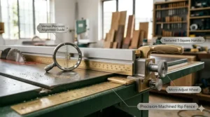 Close-up illustration of a T-square style rip fence on a professional cabinet saw highlighting the accuracy scale and locking mechanism.