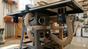 Dual dust collection hose setup connecting both the cabinet saw base and the router table fence.