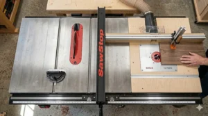 Overhead view of a cabinet saw cast iron table seamlessly integrated with a router lift.