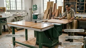 Illustration of a cabinet saw equipped with solid cast iron extension wings and a large outfeed table for supporting wide sheet goods.