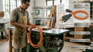 Graphic depicting the 240V electrical outlet and heavy-duty power cord required for high-performance professional cabinet saws.