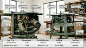 Side-by-side comparison chart showing the structural differences between a fully enclosed cabinet table saw and an open-base contractor saw.