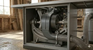 Overhead view of a 5 HP cabinet saw featuring precision-ground cast iron table and extension wings.