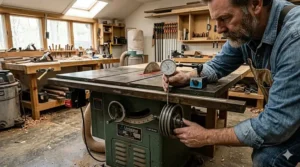 A dial indicator measuring the arbor runout on a secondhand cabinet table saw to check for spindle warp.