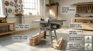 A traditional contractor table saw featuring an open-leg stand and an exposed rear-mounted motor.