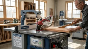 DeWalt jobsite table saw with rolling stand used in a home workshop as an affordable SawStop alternative.