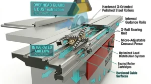 Illustration detailing the adjustable crosscut and mitre fence system on a Felder sliding table saw.