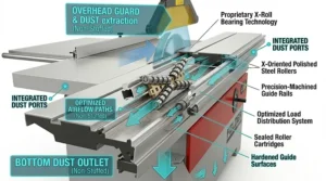 Diagram showing the dual dust extraction airflow paths on a Felder sliding table saw for a clean workshop environment.
