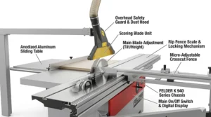 An illustrated diagram labeling the main components of a Felder sliding table saw, including the sliding table and rip fence.