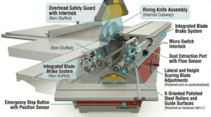 Illustration highlighting the safety features of a Felder sliding table saw, including the riving knife and overhead guard.