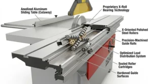 Technical illustration of the proprietary X-Roll guidance system used in a Felder sliding table saw for smooth table movement.