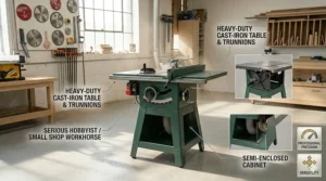 An intermediate hybrid table saw showing its semi-enclosed base and upgraded rip fence system for serious hobbyists.