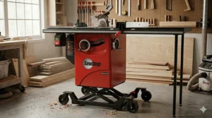 A SawStop cabinet saw mounted on an integrated hydraulic mobile base for workshop flexibility.