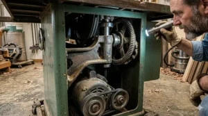 Internal view of a used cabinet table saw showing heavy-duty cast iron trunnions and the motor assembly.